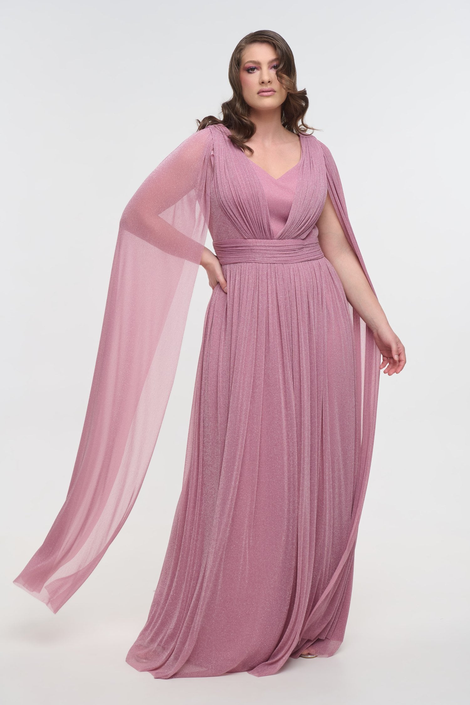 Lurex Μακρύ Φόρεμα Με Μανίκια Μπέρτα Old Pink - Sóley - Image 6