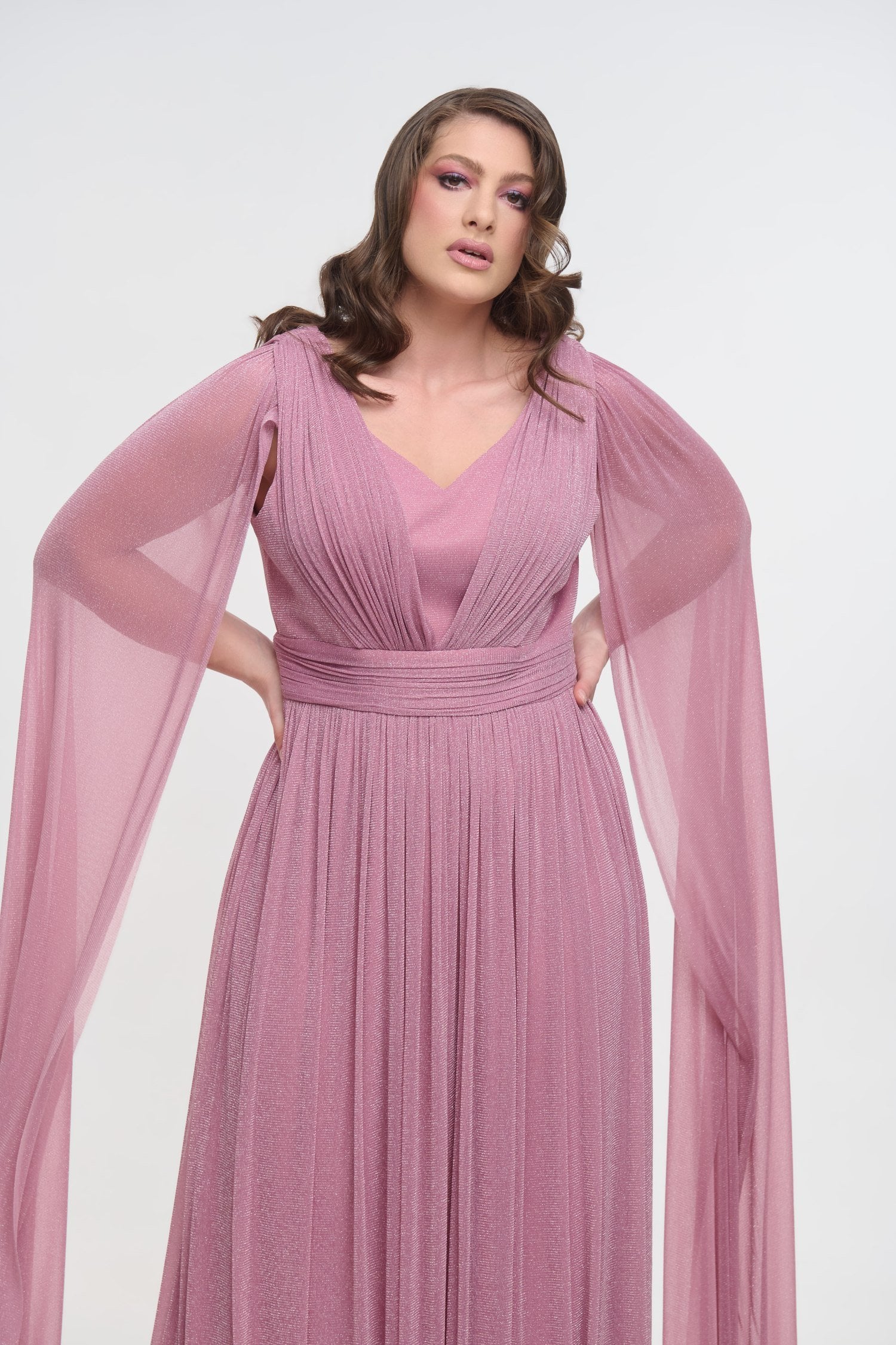 Lurex Μακρύ Φόρεμα Με Μανίκια Μπέρτα Old Pink - Sóley - Image 8