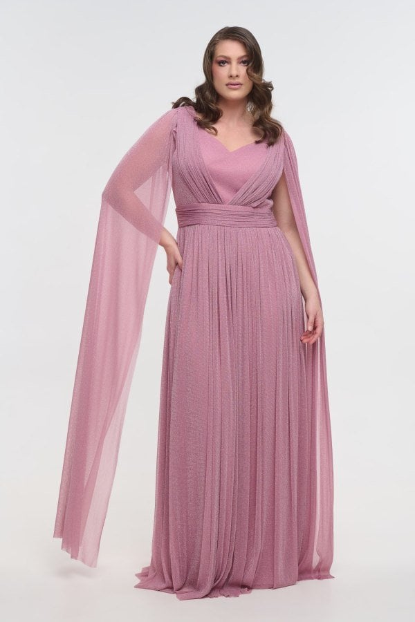 Lurex Μακρύ Φόρεμα Με Μανίκια Μπέρτα Old Pink - Sóley