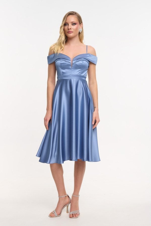 Cocktail Midi Φόρεμα Σατέν Off Shoulder Indigo - Kelda