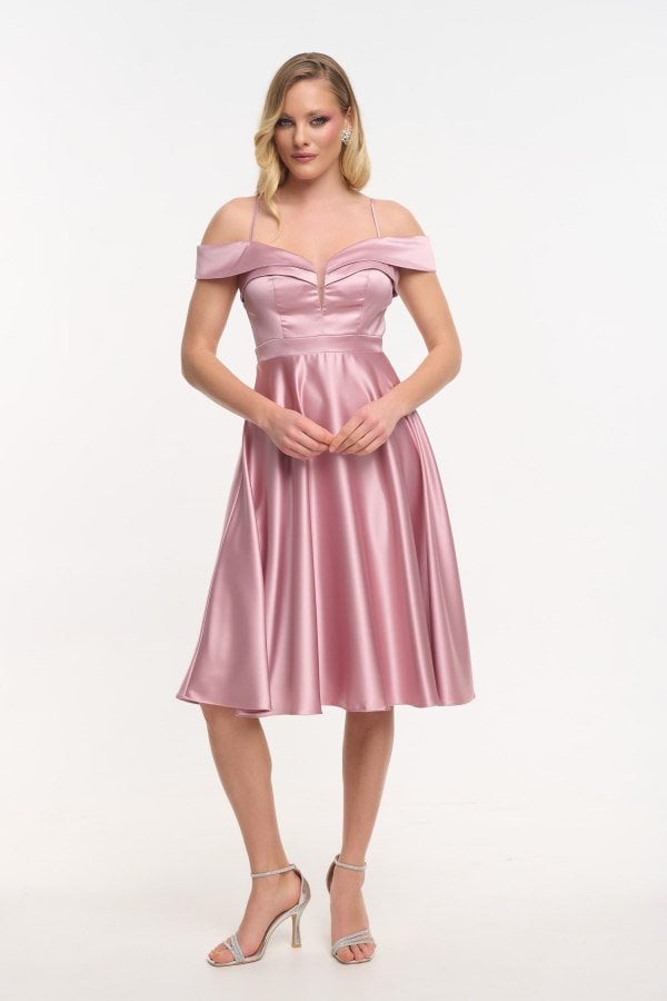 Cocktail Midi Φόρεμα Σατέν Off Shoulder Old Pink - Kelda
