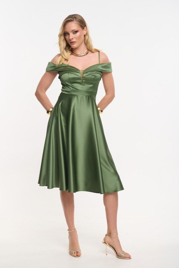Cocktail Midi Φόρεμα Σατέν Off Shoulder Olive - Kelda