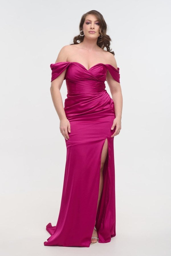 Σατέν Φόρεμα Μακρύ Με Πιέτες Off Shoulder Majenta - Arcadia