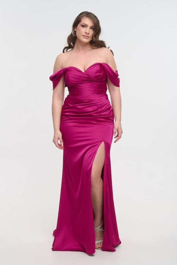 Σατέν Φόρεμα Μακρύ Με Πιέτες Off Shoulder Majenta - Arcadia