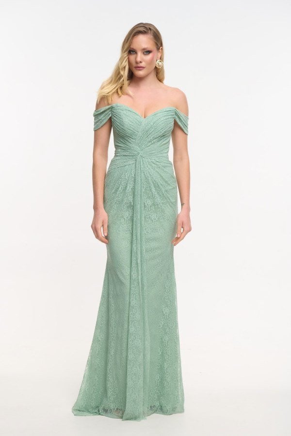 Δαντελένιο Φόρεμα Maxi Off Shoulder Με Πλαϊνή Ουρά Μέντα - Teresa