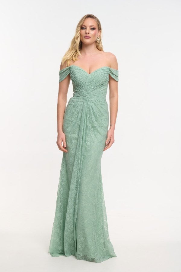 Δαντελένιο Φόρεμα Maxi Off Shoulder Με Πλαϊνή Ουρά Μέντα - Teresa