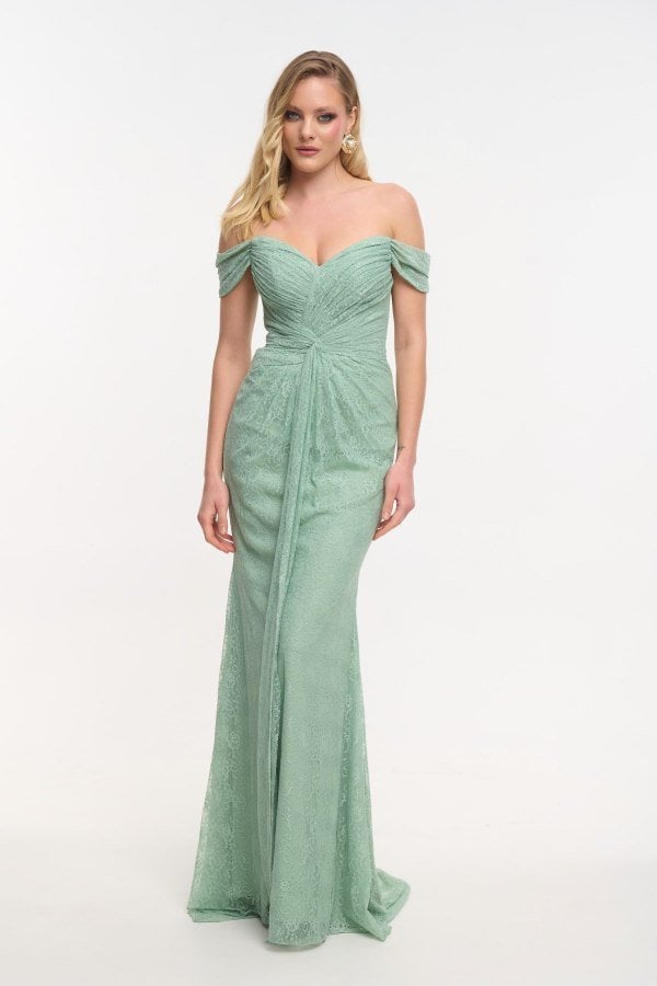 Δαντελένιο Φόρεμα Maxi Off Shoulder Με Πλαϊνή Ουρά Μέντα - Teresa