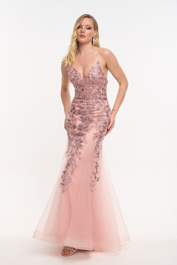 Mermaid Maxi Φόρεμα Με Κεντημένες Παγιέτες και Glitter Old Pink - Ajay