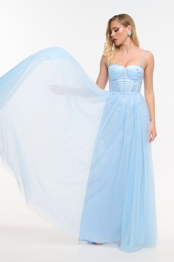 Φόρεμα Maxi Με Σατεν Μπούστο Και Τούλινη Φούστα Light Blue - Sora