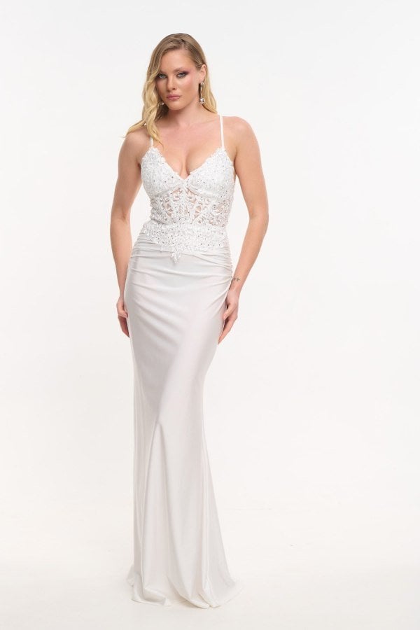Maxi Φόρεμα Mermaid Σατέν Με Κεντημένη Δαντέλα Και Strass - Fiorella