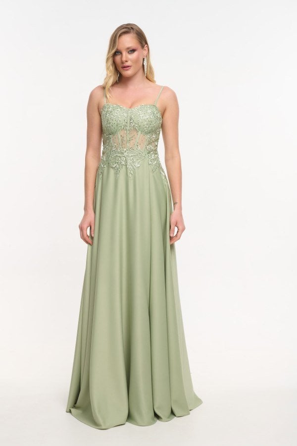 Σατέν Φόρεμα Maxi Με Κορσέ Δαντέλας και Strass Olive - Anjali
