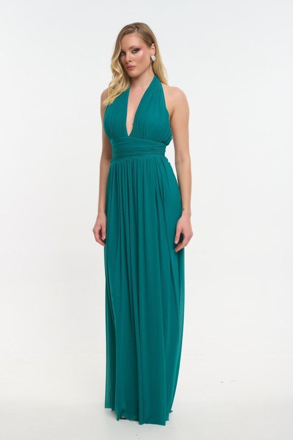 Maxi Φόρεμα Halter Neck Τούλινο Με Ανοιχτή Πλάτη Οινοπνευματί - Elora