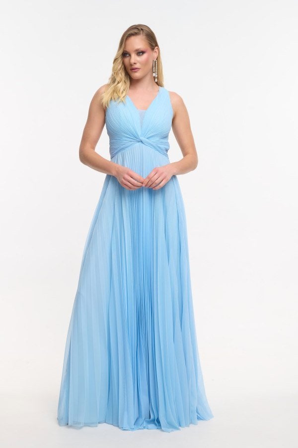 Τούλινο Μακρύ Φόρεμα Πλισέ με Cut Outs Light Blue -Vivi