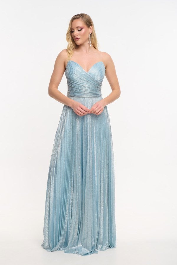 Φόρεμα Strapless Μακρύ Πλισέ Με Μεταλλιζέ Ύφανση Light Blue - Beauty