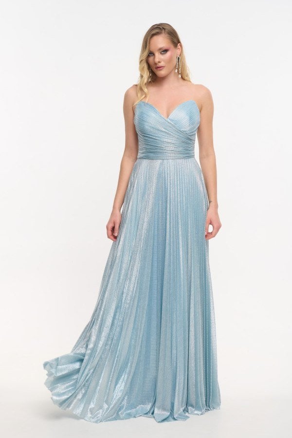 Φόρεμα Strapless Μακρύ Πλισέ Με Μεταλλιζέ Ύφανση Light Blue - Beauty
