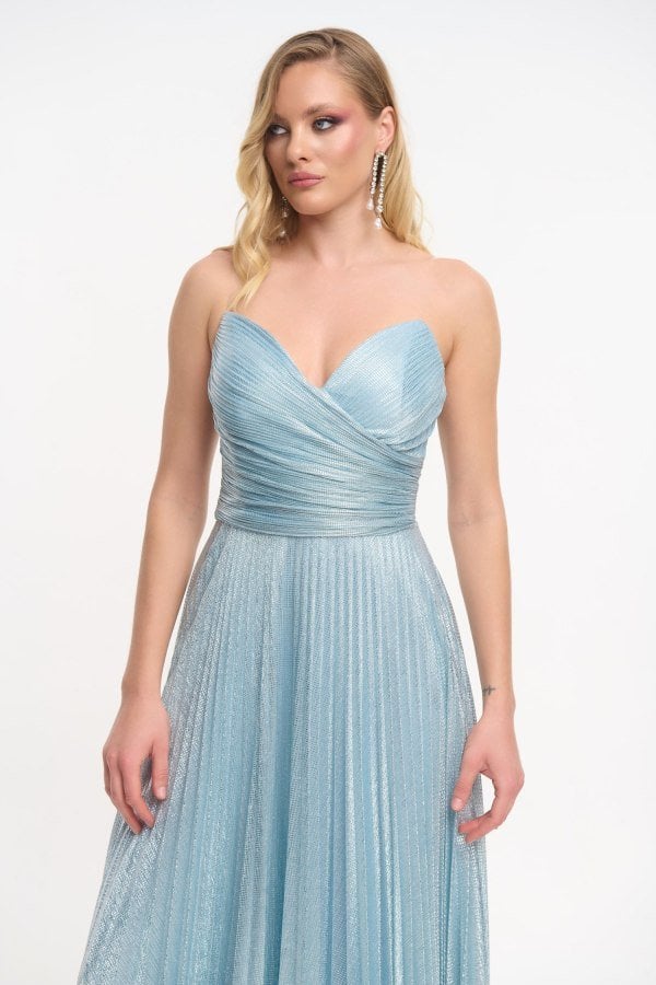 Φόρεμα Strapless Μακρύ Πλισέ Με Μεταλλιζέ Ύφανση Light Blue - Beauty