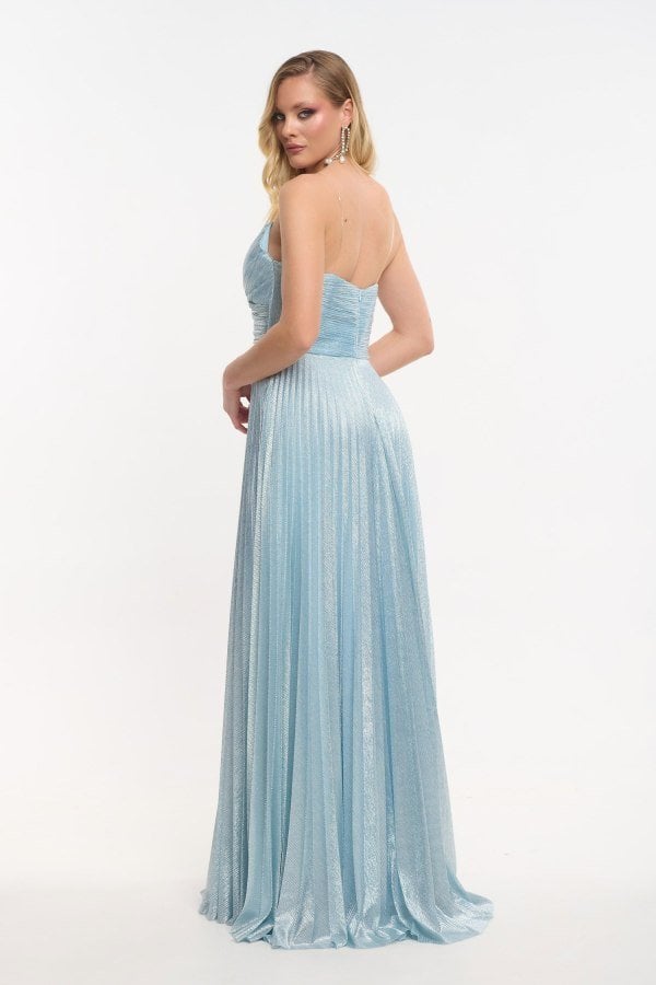 Φόρεμα Strapless Μακρύ Πλισέ Με Μεταλλιζέ Ύφανση Light Blue - Beauty
