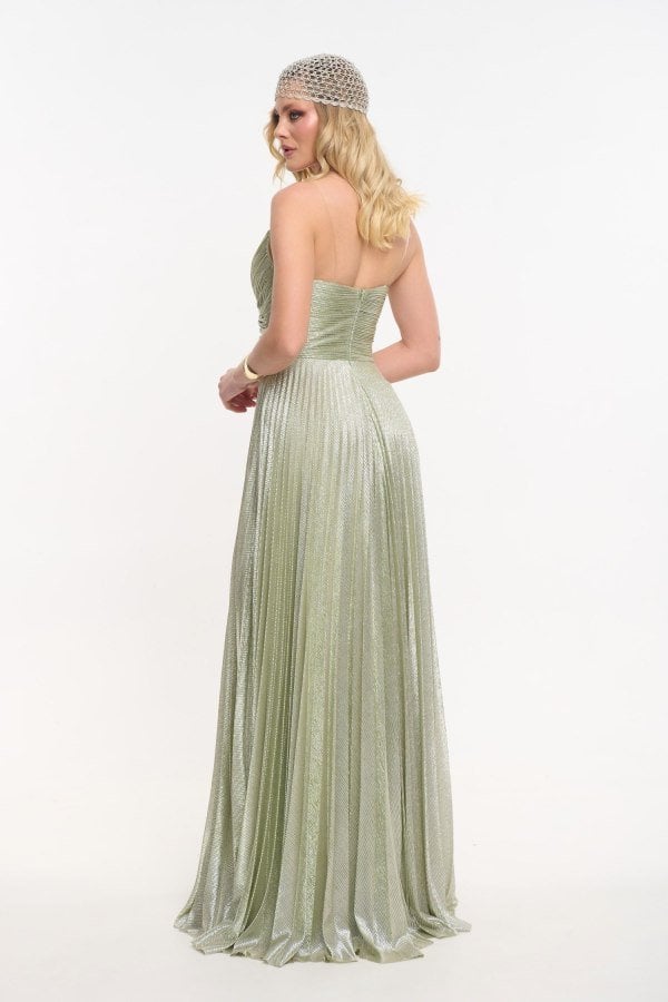 Φόρεμα Strapless Μακρύ Πλισέ Με Μεταλλιζέ Ύφανση Μέντα - Beauty