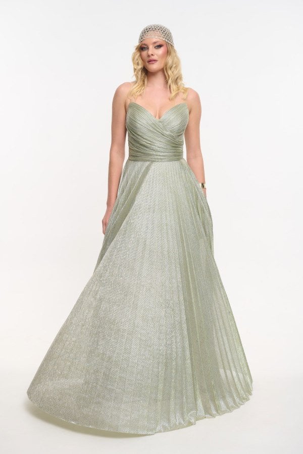 Φόρεμα Strapless Μακρύ Πλισέ Με Μεταλλιζέ Ύφανση Μέντα - Beauty