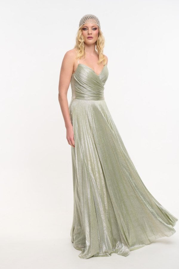 Φόρεμα Strapless Μακρύ Πλισέ Με Μεταλλιζέ Ύφανση Μέντα - Beauty