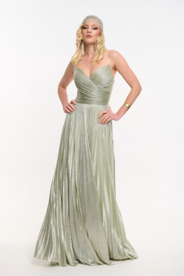 Φόρεμα Strapless Μακρύ Πλισέ Με Μεταλλιζέ Ύφανση Μέντα - Beauty