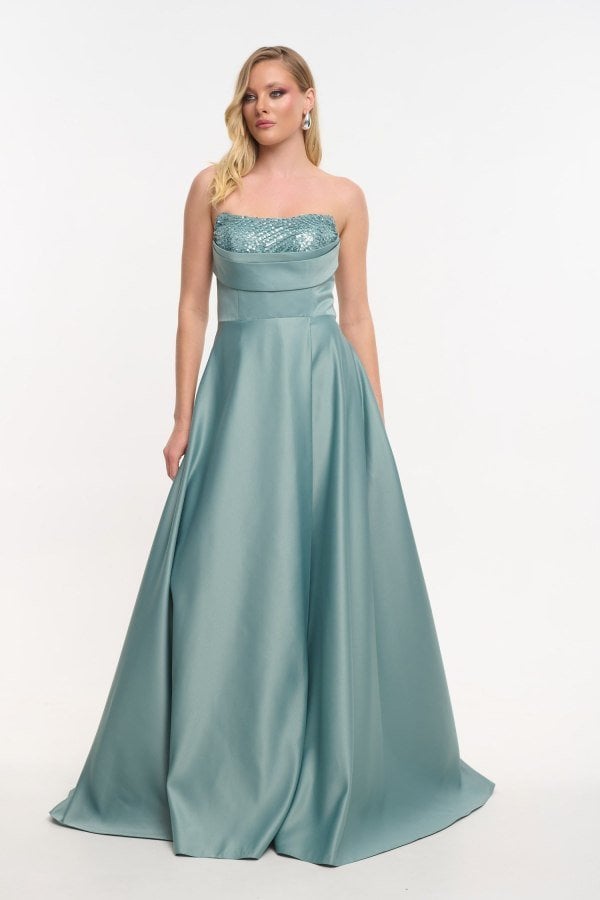 Σατέν Maxi Φόρεμα Strapless Με Πούλιες Μέντα - Emori