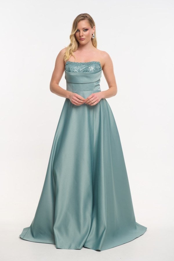 Σατέν Maxi Φόρεμα Strapless Με Πούλιες Μέντα - Emori