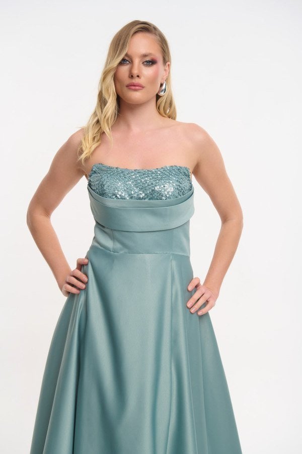 Σατέν Maxi Φόρεμα Strapless Με Πούλιες Μέντα - Emori
