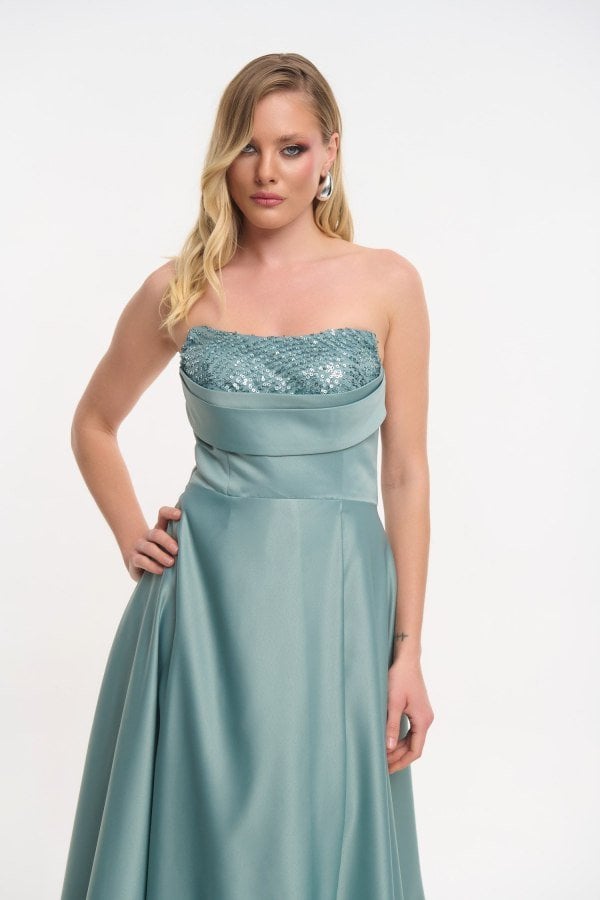 Σατέν Maxi Φόρεμα Strapless Με Πούλιες Μέντα - Emori