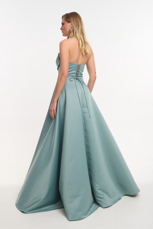 Σατέν Maxi Φόρεμα Strapless Με Πούλιες Μέντα - Emori