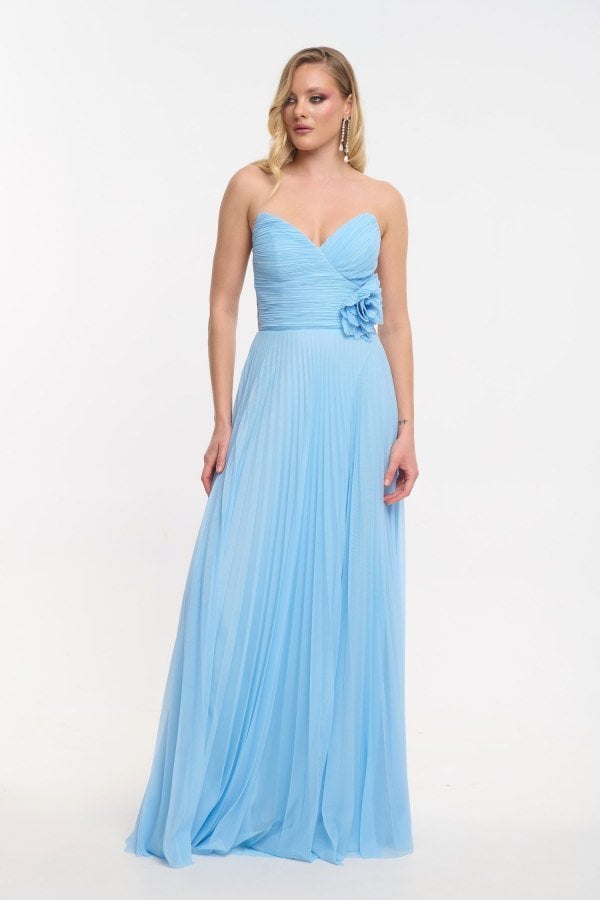 Τούλινο Strapless Φόρεμα Μακρύ Πλισέ με 3D Λουλούδι Light Blue - Kaia