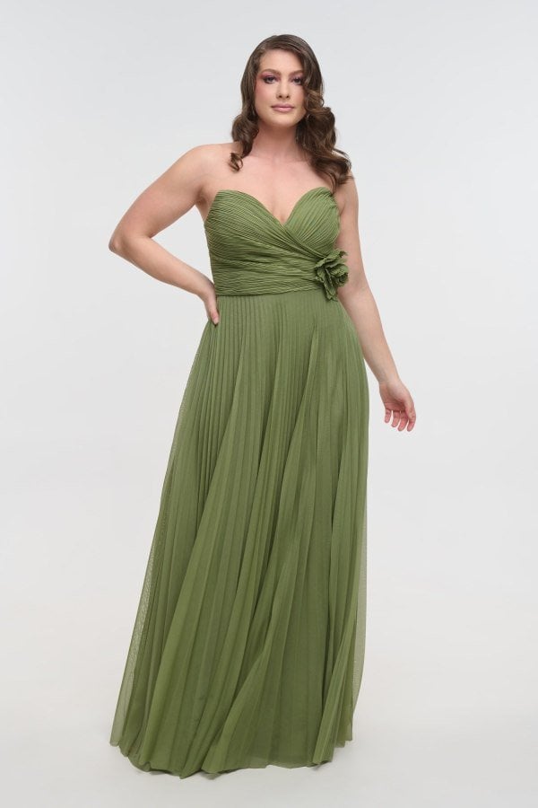 Τούλινο Strapless Φόρεμα Μακρύ Πλισέ με 3D Λουλούδι Olive - Kaia