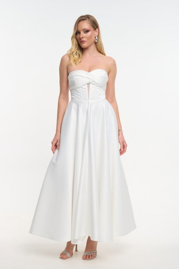 Strapless Φόρεμα Midi Κρεπ Σατέν Σε Άλφα Γραμμή Λευκό - Areum
