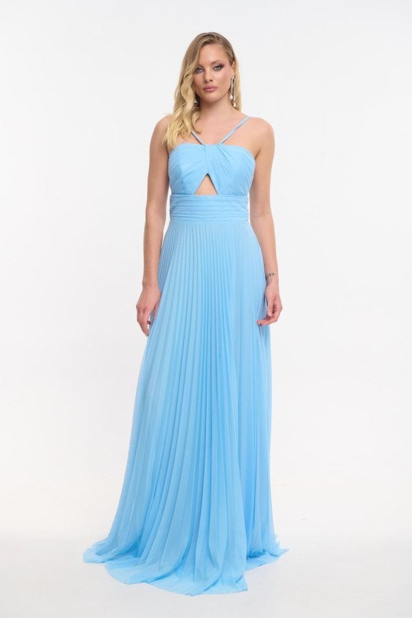 Maxi Φόρεμα Με Πλισέ Τούλι και Cut Out Μπούστο Light Blue - Flor