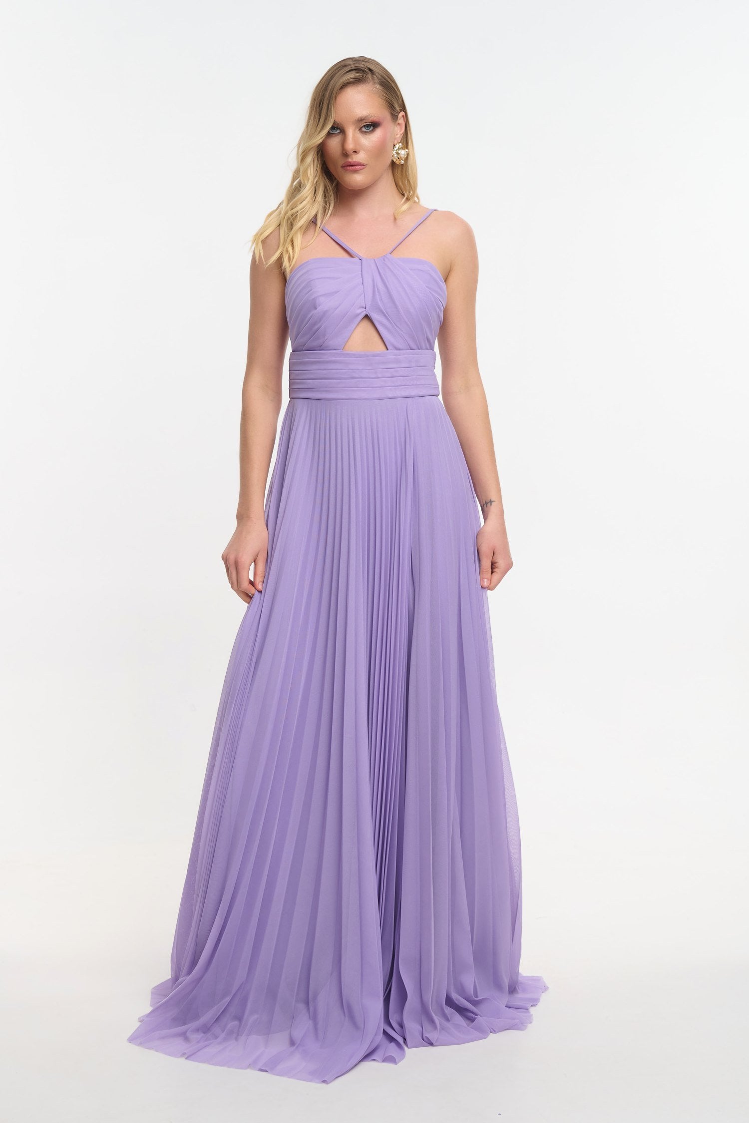 Maxi Φόρεμα Με Πλισέ Τούλι και Cut Out Μπούστο Λιλά - Flor - Image 8