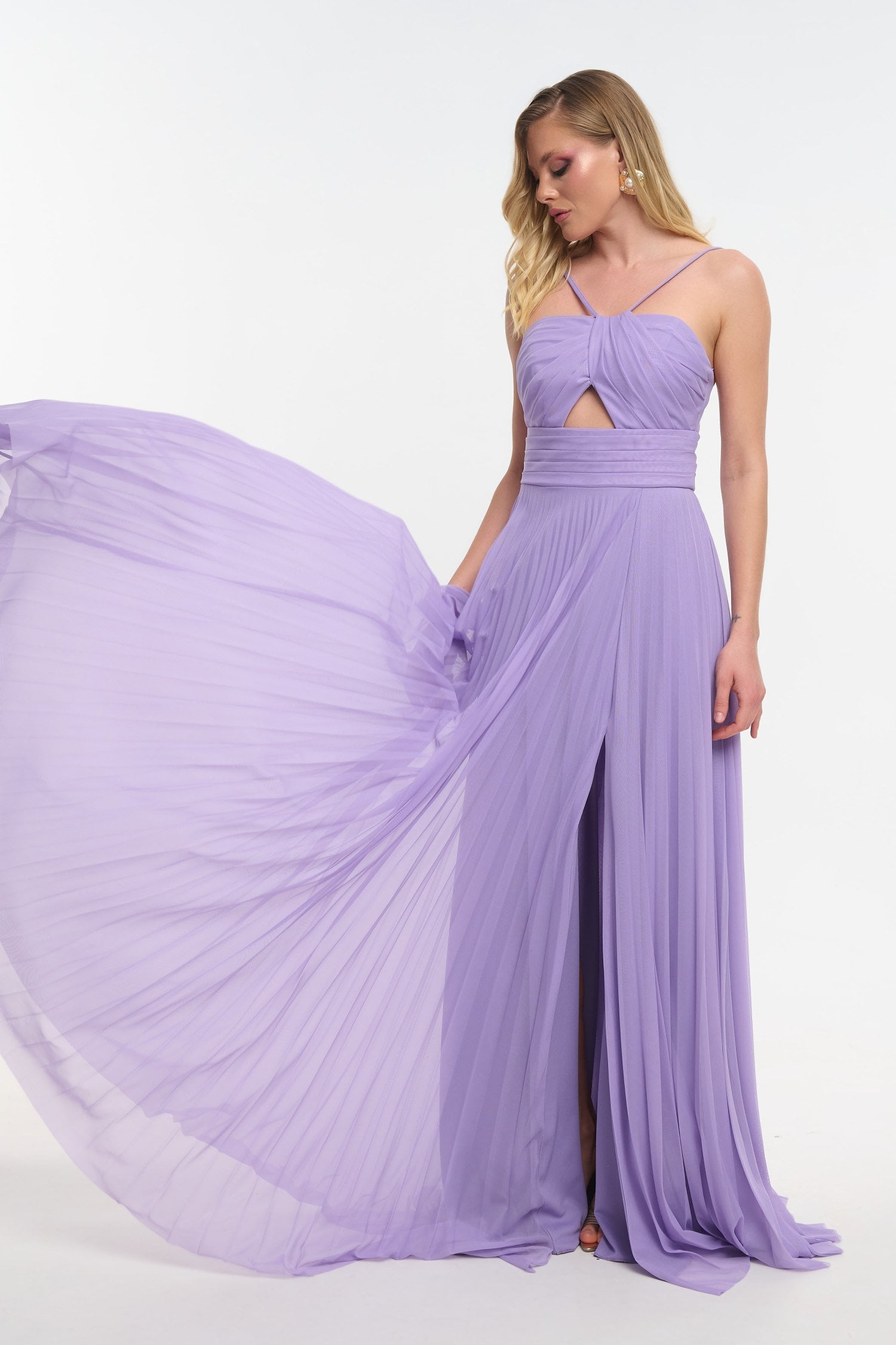 Maxi Φόρεμα Με Πλισέ Τούλι και Cut Out Μπούστο Λιλά - Flor - Image 7