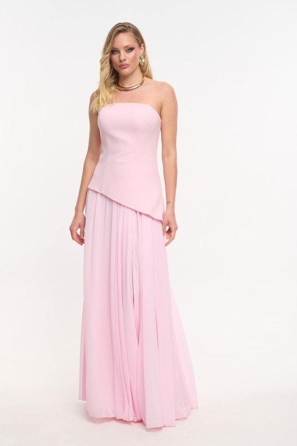 Maxi Φόρεμα Strapless Ασύμμετρο Κρεπ Με Μουσελίνα Baby Pink - Valora