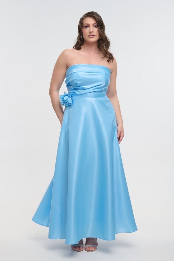 Σατέν Φόρεμα Μακρύ Strapless Με Καρφίτσα Λουλούδι Light Blue - Erika