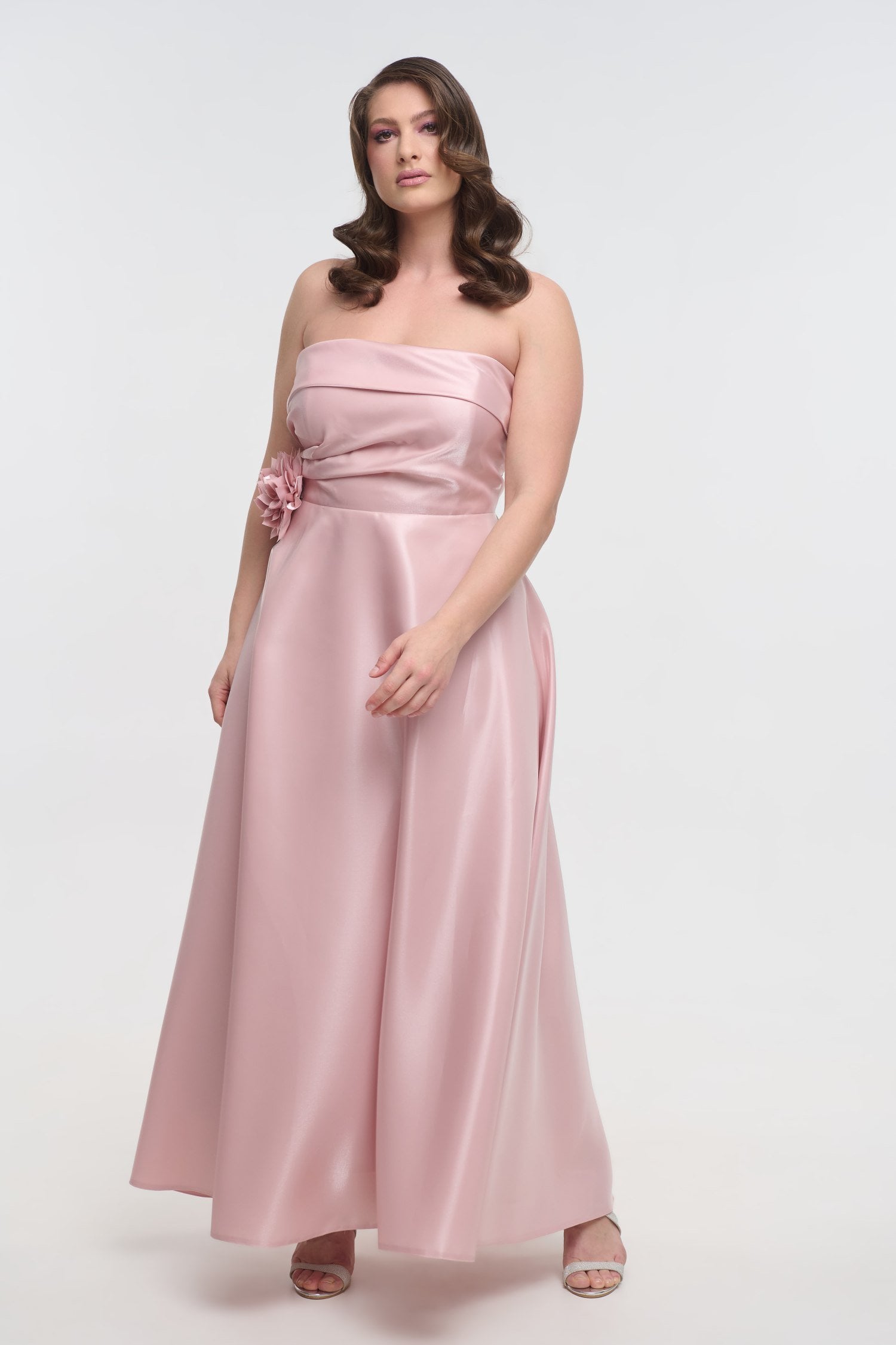 Σατέν Φόρεμα Μακρύ Strapless Με Καρφίτσα Λουλούδι Old Pink - Erika - Image 5