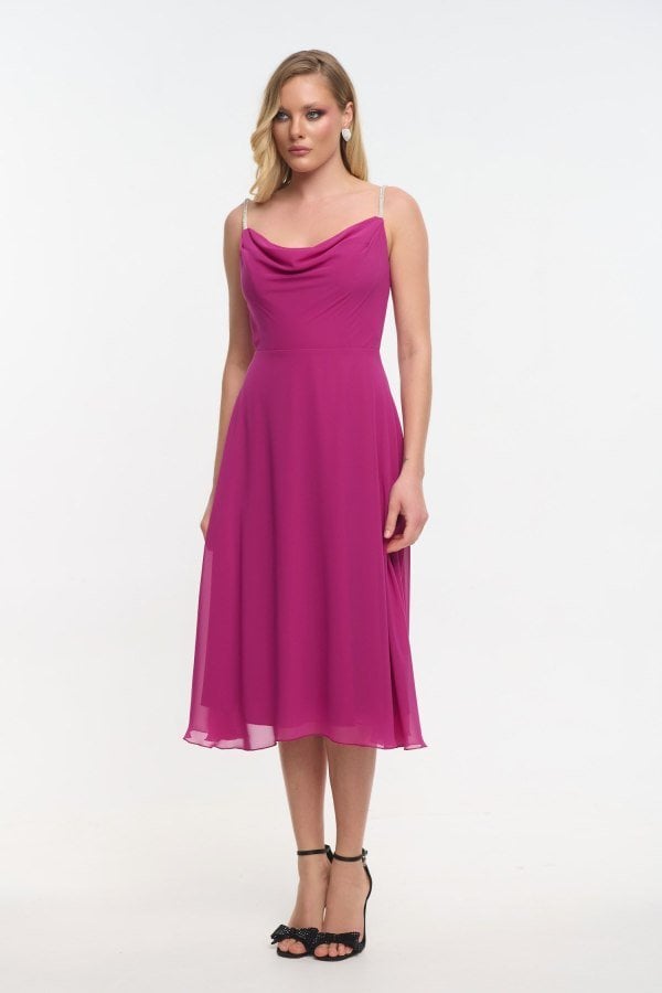 Midi Φόρεμα Μουσελίνας Fit and Flare Με Τιράντα Strass Majenta - Anika