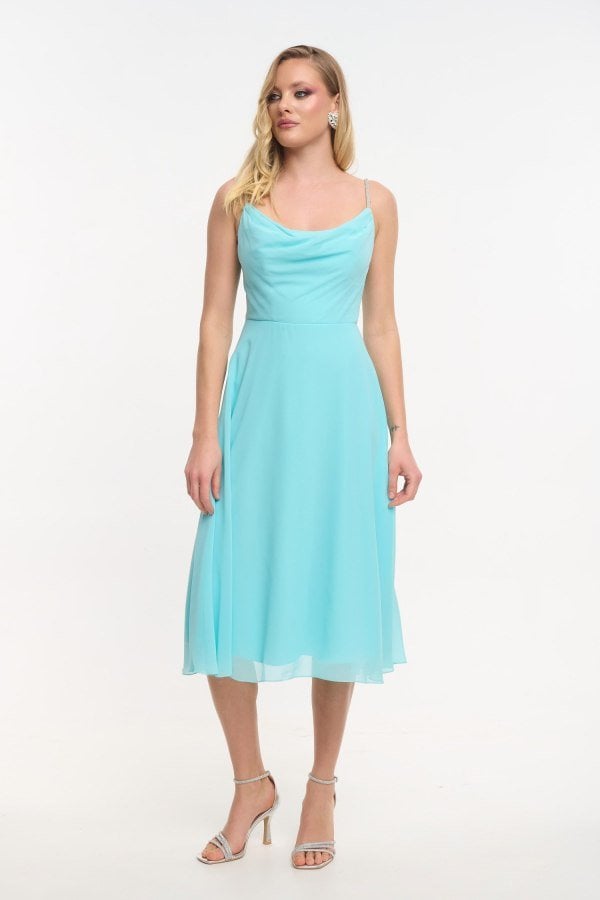 Midi Φόρεμα Μουσελίνας Fit and Flare Με Τιράντα Strass Τυρκουάζ- Anika