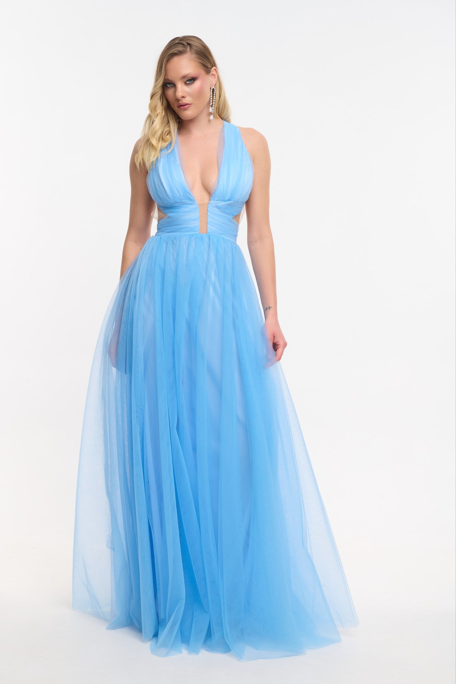 Τούλινο Φόρεμα Μακρύ Με Εντυπωσιακά Cut Outs Light Blue - Citali