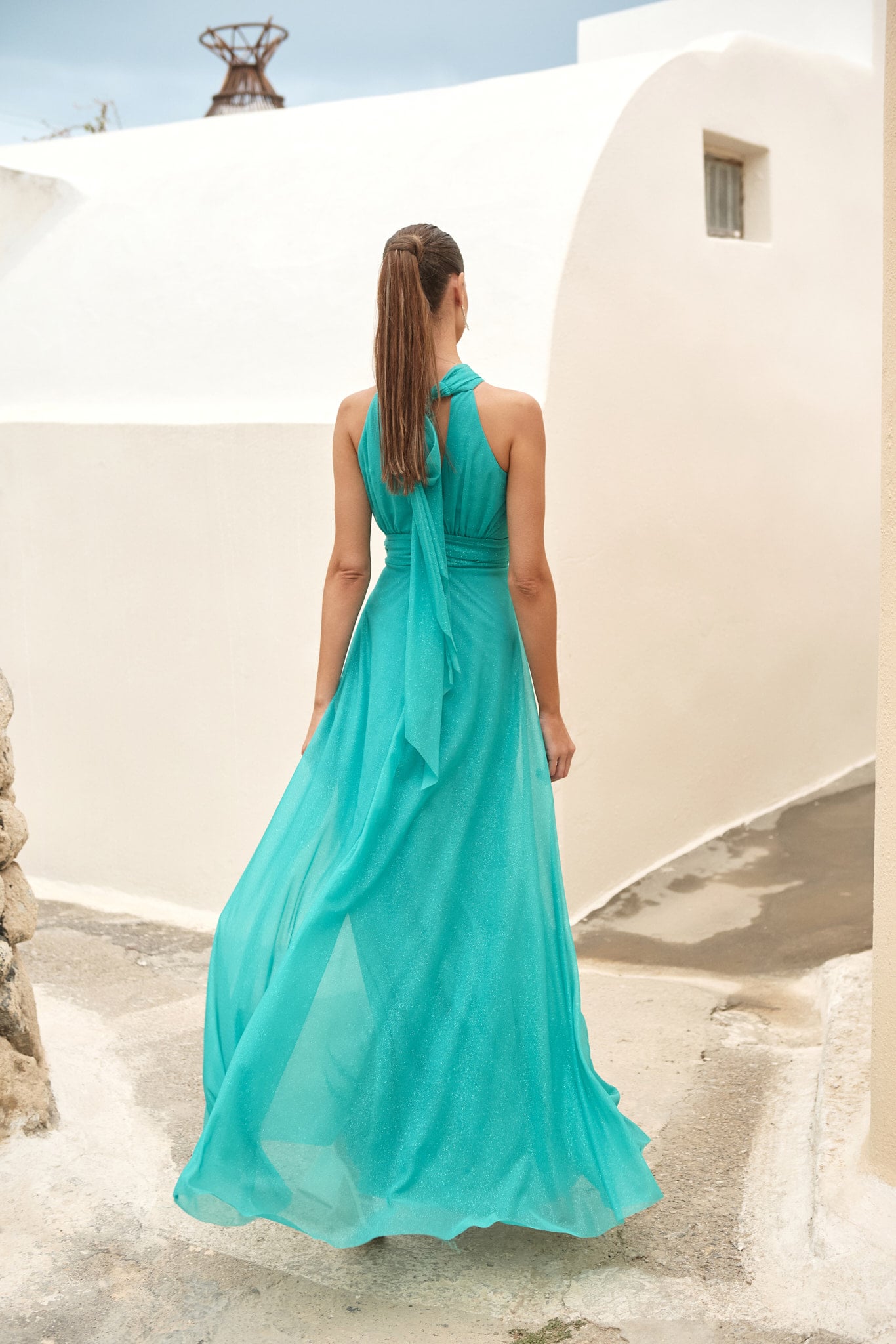 Maxi Φόρεμα Shiny Μουσελίνα Με Δέσιμο Στο Λαιμό Οινοπνευματί - Vanella - Image 8