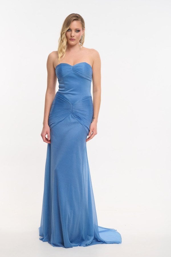 Strapless Φόρεμα Μάξι Με Πιέτες Και Ουρά
