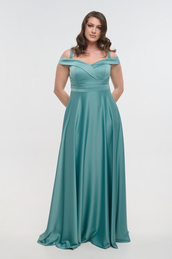 Αρχοντικό Φόρεμα Maxi Σατέν Off Shoulder Σε Άλφα Γραμμή Μέντα - Mitzi