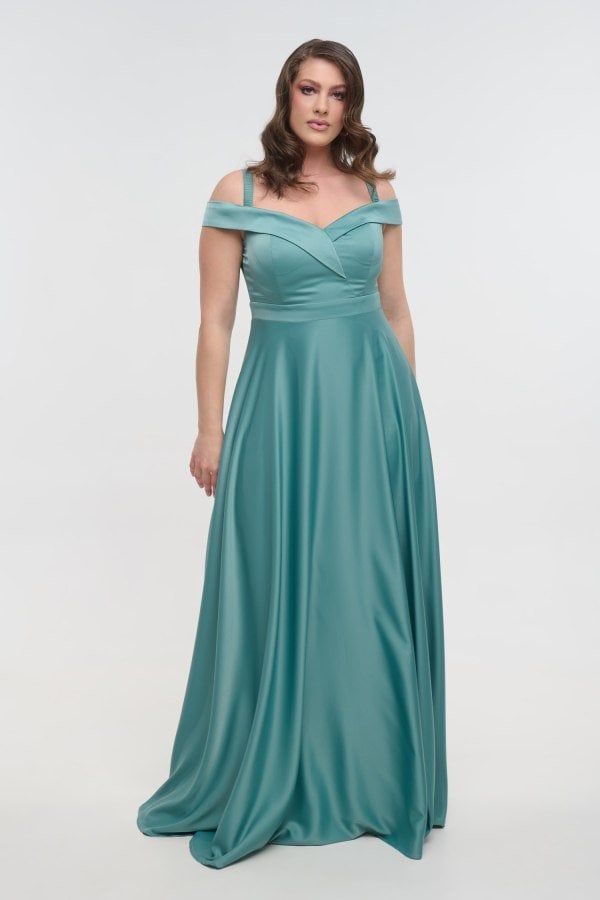 Αρχοντικό Φόρεμα Maxi Σατέν Off Shoulder Σε Άλφα Γραμμή Μέντα - Mitzi