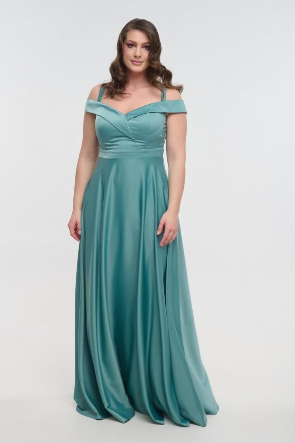 Αρχοντικό Φόρεμα Maxi Σατέν Off Shoulder Σε Άλφα Γραμμή Μέντα - Mitzi