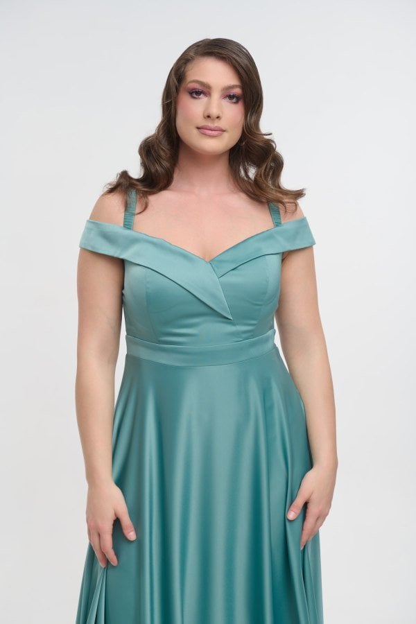 Αρχοντικό Φόρεμα Maxi Σατέν Off Shoulder Σε Άλφα Γραμμή Μέντα - Mitzi