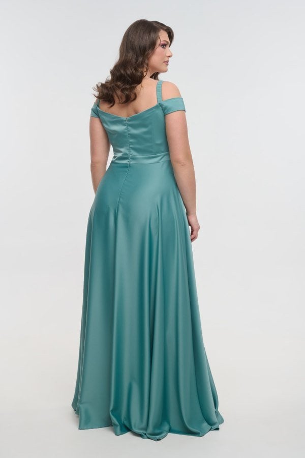 Αρχοντικό Φόρεμα Maxi Σατέν Off Shoulder Σε Άλφα Γραμμή Μέντα - Mitzi