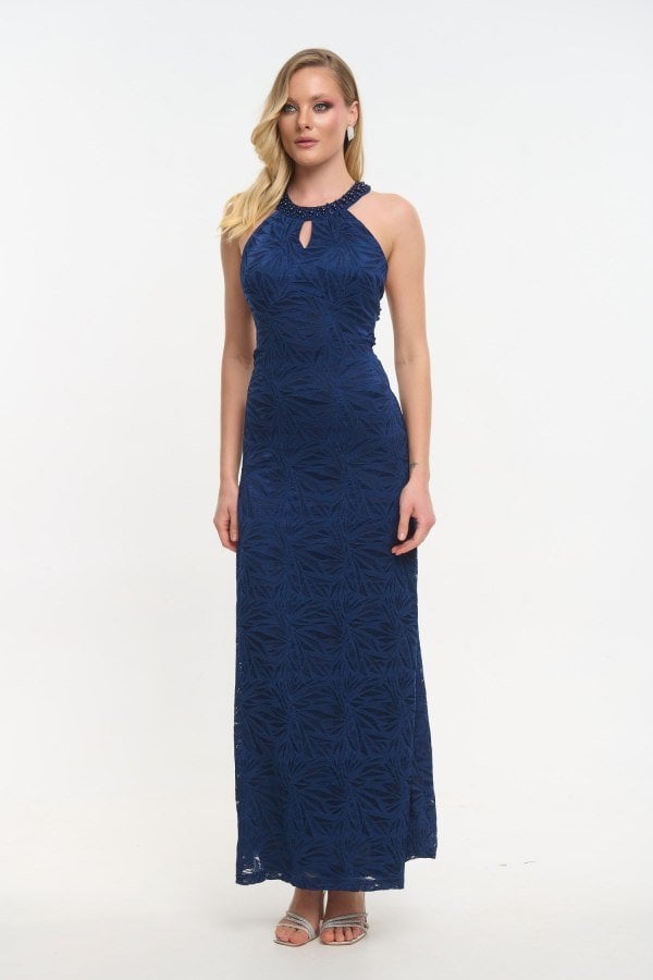 Bodycon Φόρεμα Maxi Ελαστικής Δαντέλας Με Πέρλες Navy Blue - Raven
